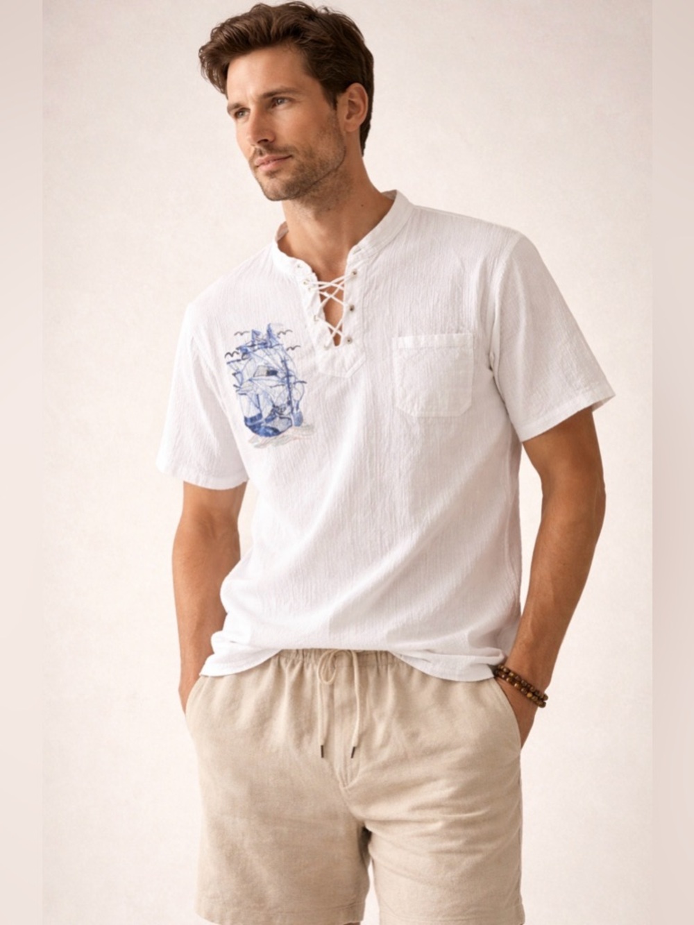White Short-Sleeve Lace-Up Shirt with Blue Ship Graphic